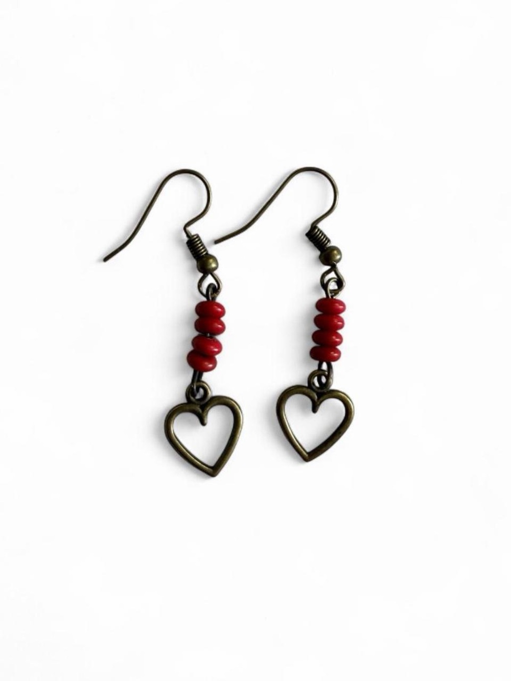 Handmade Red Heart Drop Earrings Bronze Coral Beads Boho ❤️